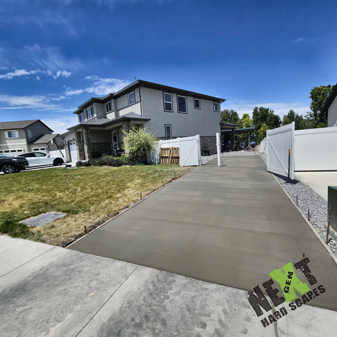 View of the finished concrete RV pad showing consistent surface texture and level placement extending past the fence line as planned.