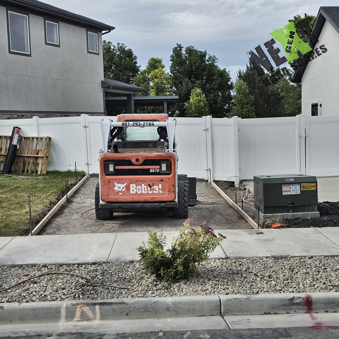 Initial excavation and grading completed, with wooden forms set in place to define the RV pad boundaries along the fence and utility box.