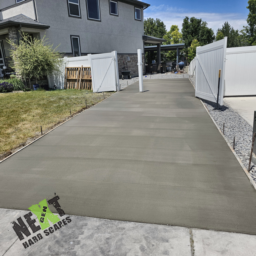 Fresh concrete poured, screeded, and floated to a smooth finish, with clean edges aligned to the forms and adjacent fence and landscaping.