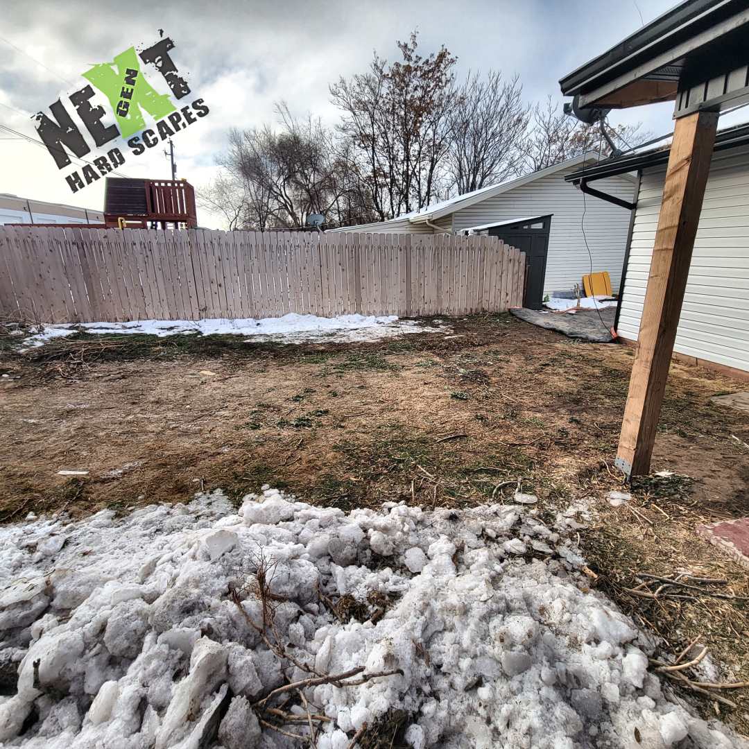 Initial condition of the backyard showing worn grass and patio area to be removed. Initial condition of the backyard showing worn grass and patio area to be removed.