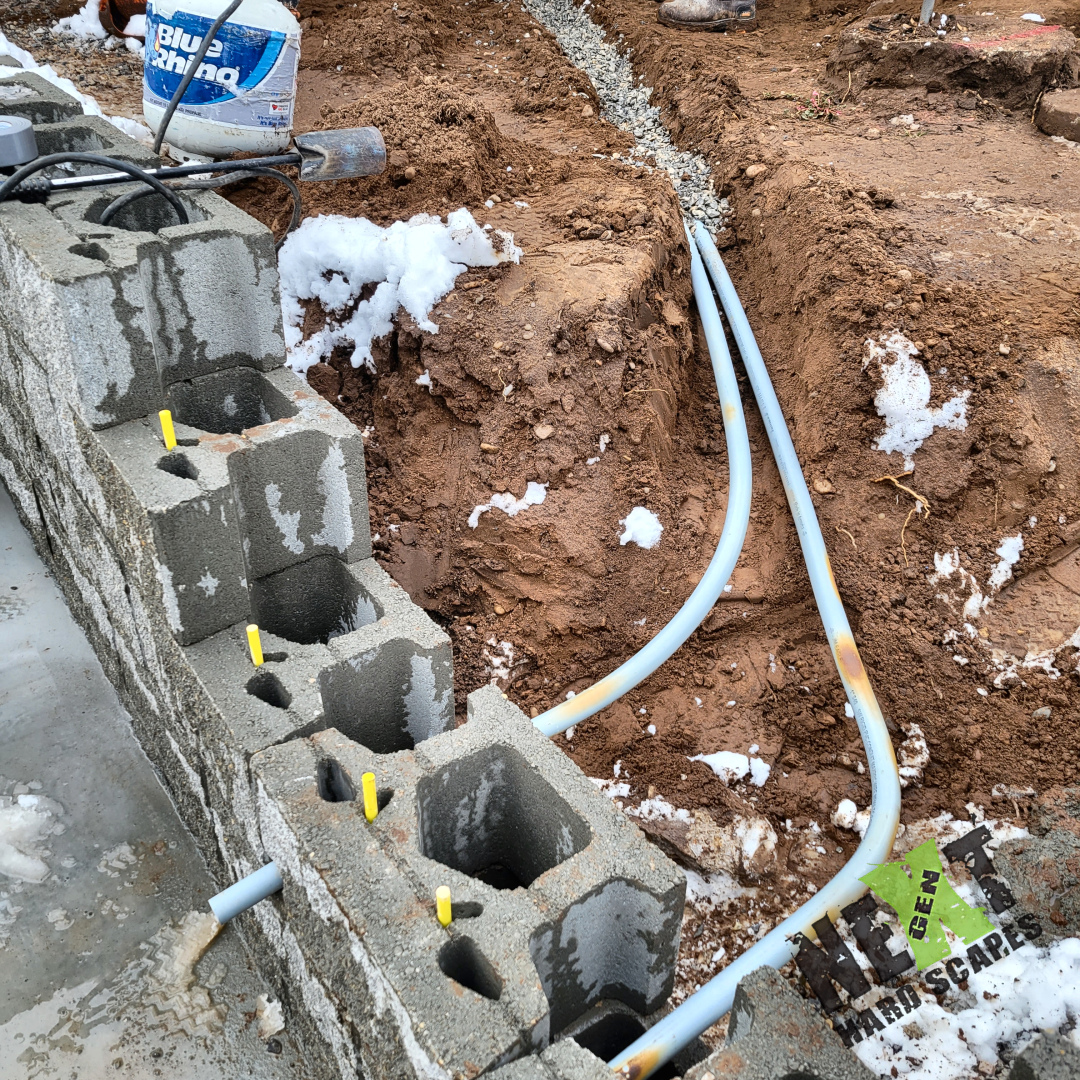 Electrical conduit is laid down and setup to run through the retaining wall. Electrical conduit is laid down and setup to run through the retaining wall.