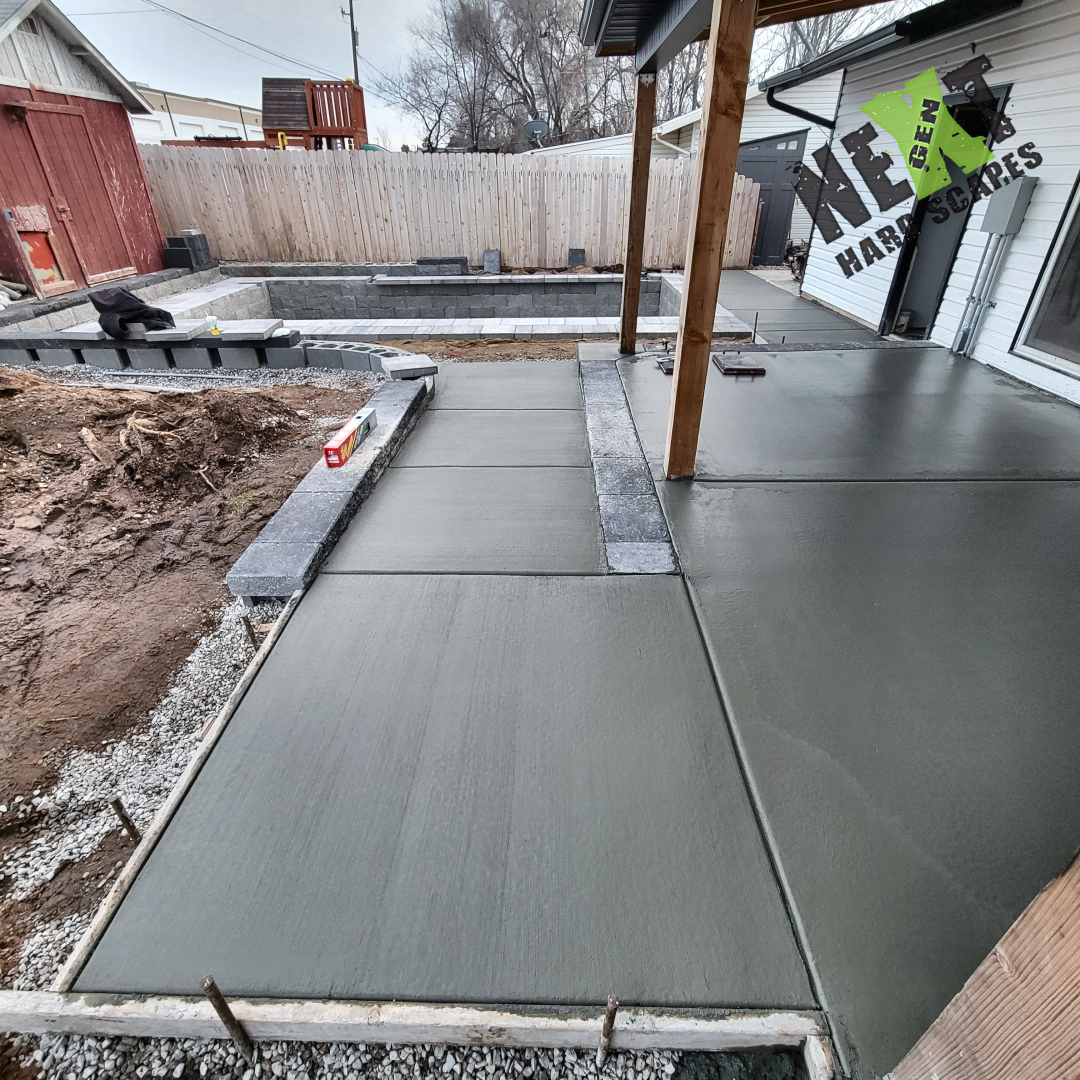 Concrete patio is poured including a ramp down to the swim spa. Concrete patio is poured including a ramp down to the swim spa.
