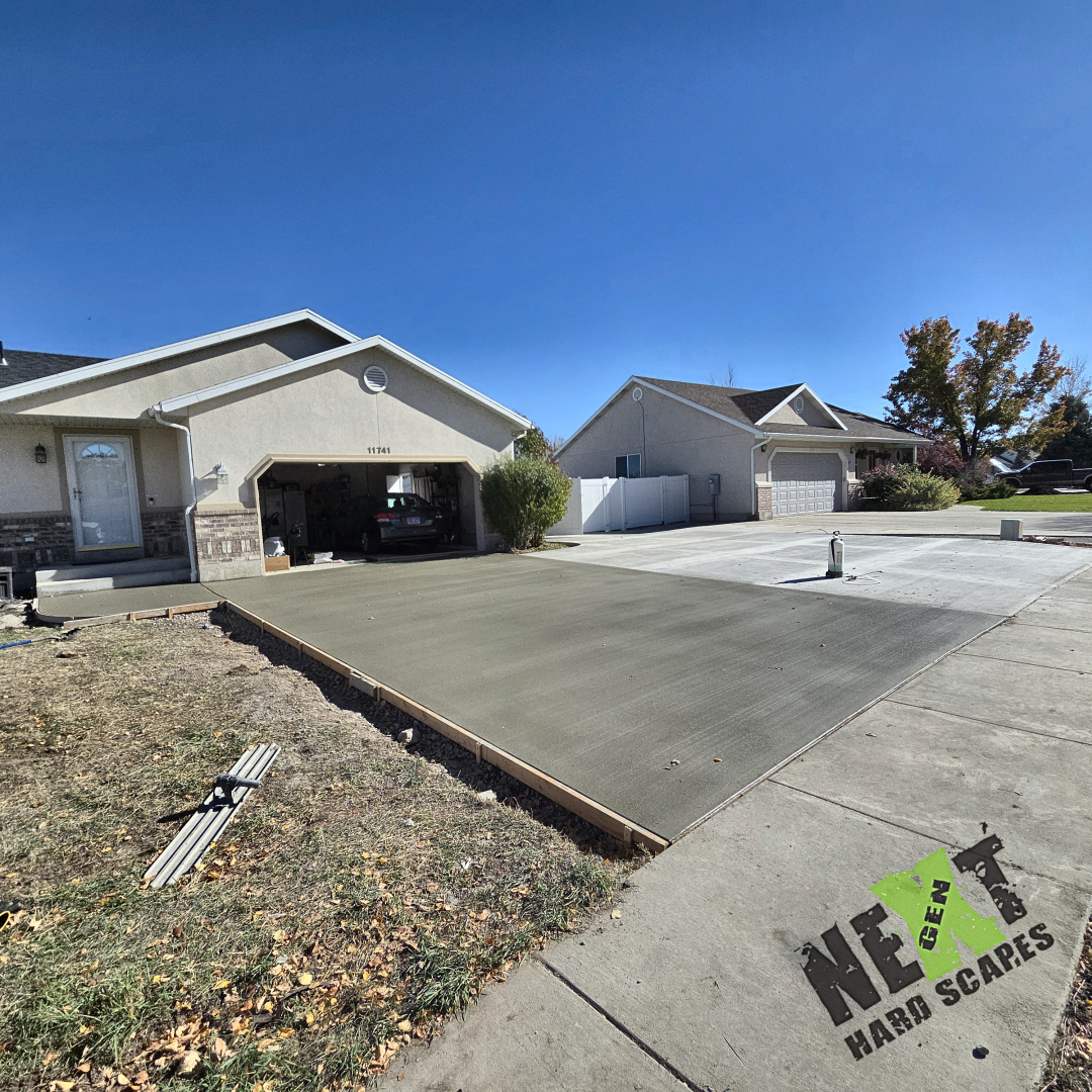 Freshly poured concrete driveway extending from the garage and wrapping around the side, with clean wooden forms still in place. Freshly poured concrete driveway extending from the garage and wrapping around the side, with clean wooden forms still in place.
