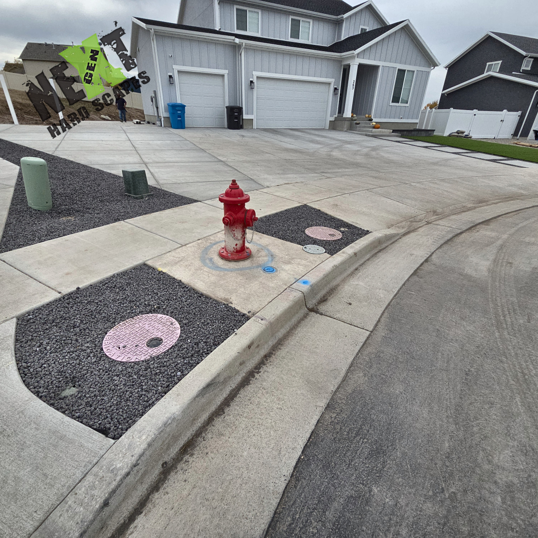 A complete view of the new front yard from the side dive, compacted gravel trimming and the artificial turf in the yard. 