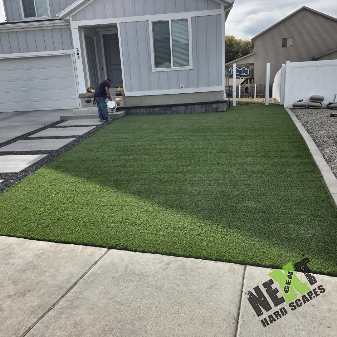 After the installation of the slab walkway and compacted gravel trimming, we began the installation of the artificial turf. 