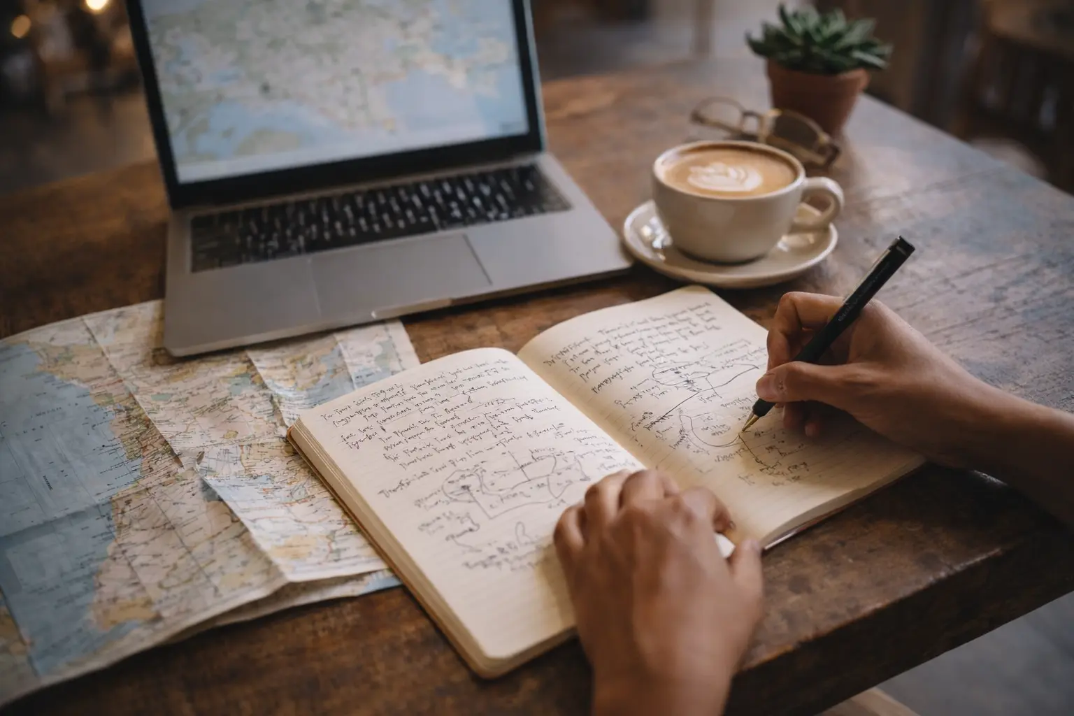 Trip planning setup with a notebook and laptop for creating a stress-free itinerary.