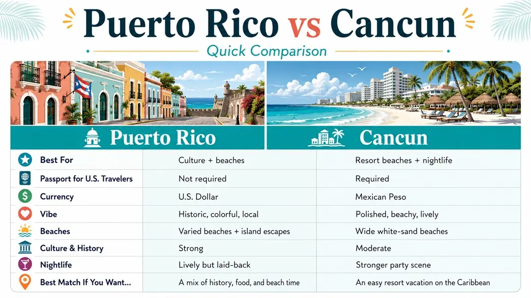 Puerto Rico vs Cancun travel style comparison chart