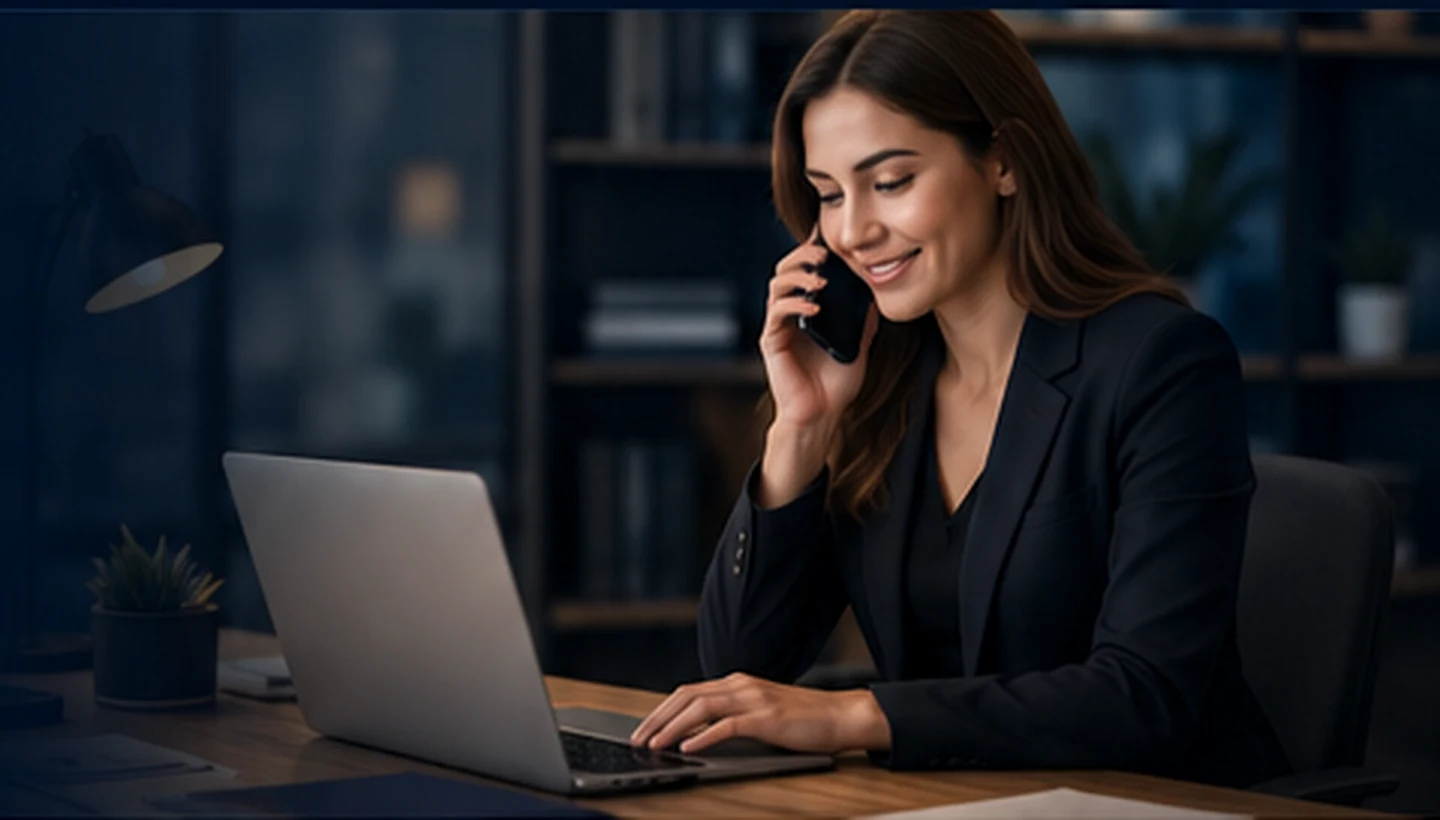Remote Executive Assistant managing a client call and laptop work