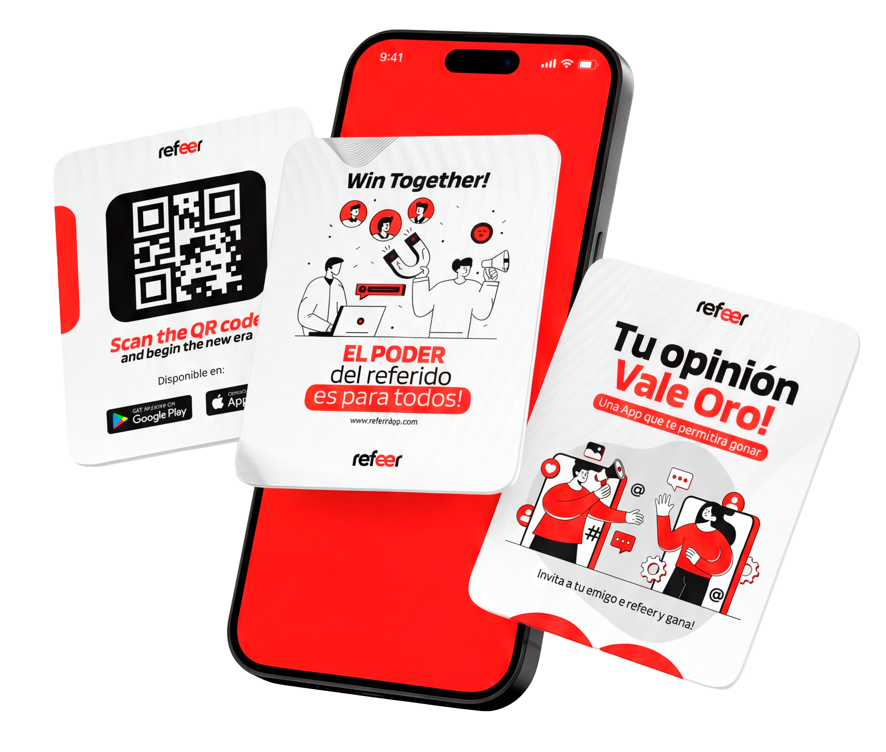 Mockup de refeer con QR y tarjetas de recomendación