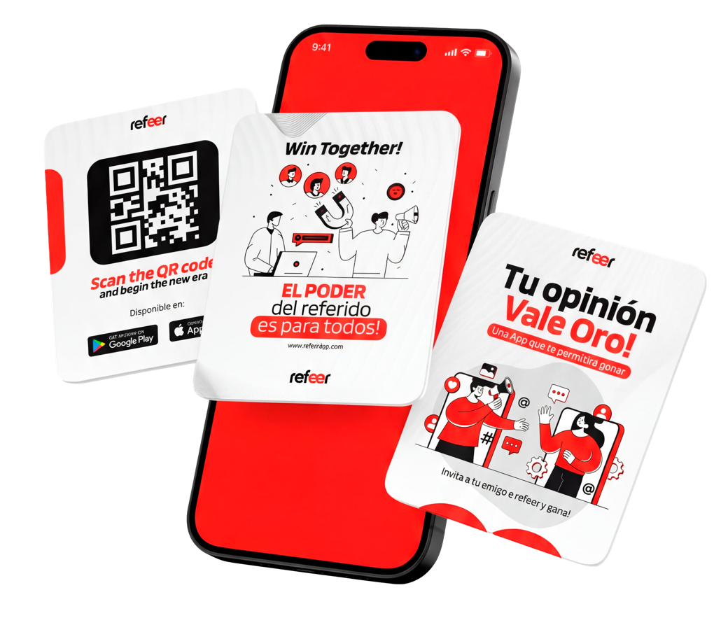 Mockup de refeer con QR y tarjetas de recomendación