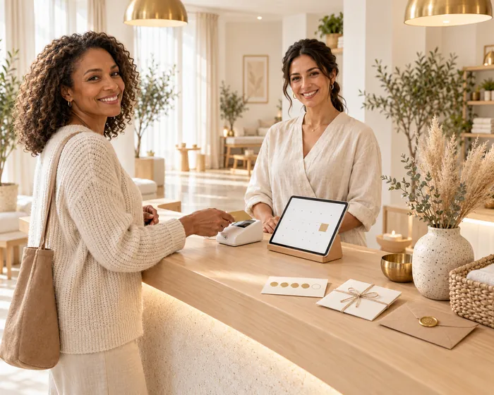 Returning client paying at a card terminal while the practitioner smiles behind the front desk, with a booking calendar on a tablet and loyalty cards on the counter.