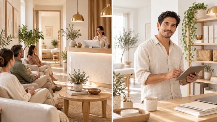 Two views of a wellness practice: clients waiting in a calm lobby beside the front desk, and a practitioner checking his schedule on a tablet beside organized shelves.