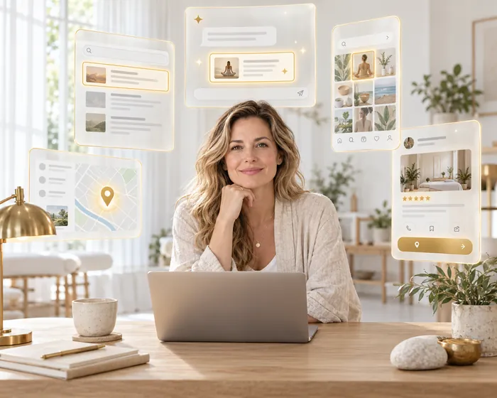 Practitioner at her laptop surrounded by floating panels showing search results, an AI chat answer, a social media search, a map pin and a business profile.