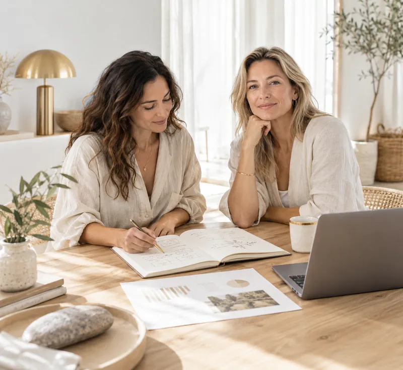 Two wellness practitioners in linen working through a business plan at a wooden table, with a notebook, printed report and laptop.