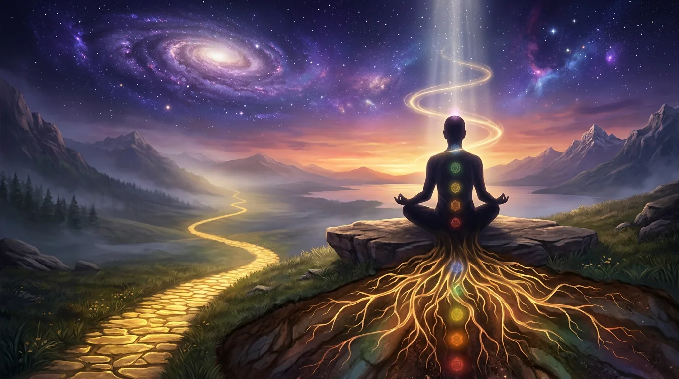 A person meditating on a rock beside a winding golden path, glowing roots grounding them into the earth beneath a cosmic sky.