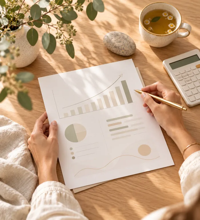 Hands reviewing a printed financial summary with an upward-trending bar chart, beside a calculator and a cup of tea.