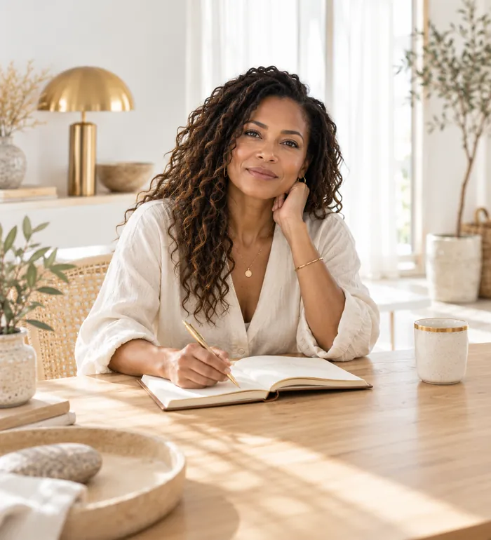 Practitioner smiling at the camera while writing goals in a journal at her studio table.