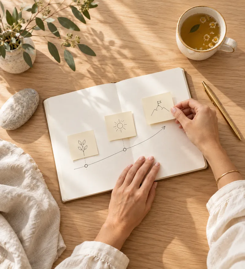 Overhead view of hands placing sticky notes along a hand-drawn growth path in an open notebook, beside a cup of herbal tea.