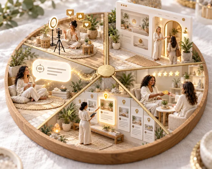 Miniature diorama split into five scenes of a practitioner: filming for social media, welcoming visitors to her website, receiving a review, appearing in directory listings and being recommended in an AI chat.