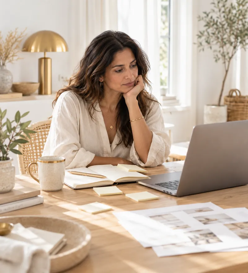 Wellness practitioner resting her chin on her hand, deep in thought, at a desk covered with sticky notes, papers and an open laptop.