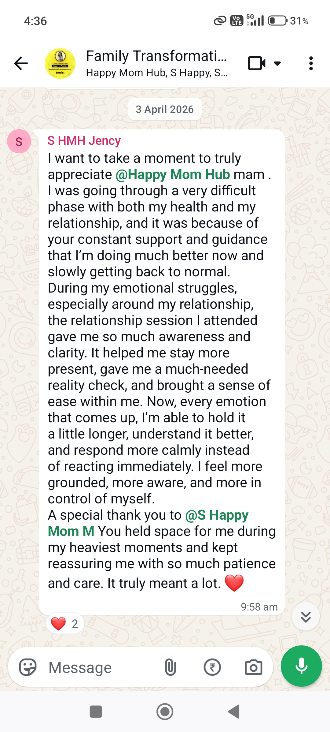 WhatsApp message from a mother, 12