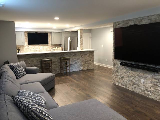 Family media room basement remodeling project in Freehold, NJ