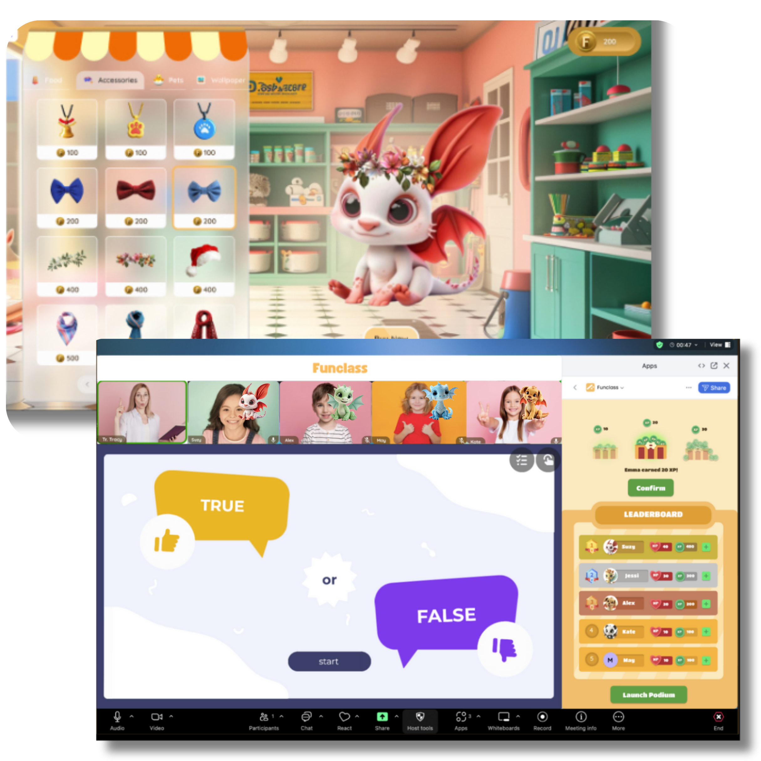 Funclass gamified online teaching platform showing virtual pet rewards and student engagement tools for online lessons. Funclass gamified online teaching platform showing virtual pet rewards and student engagement tools for online lessons.