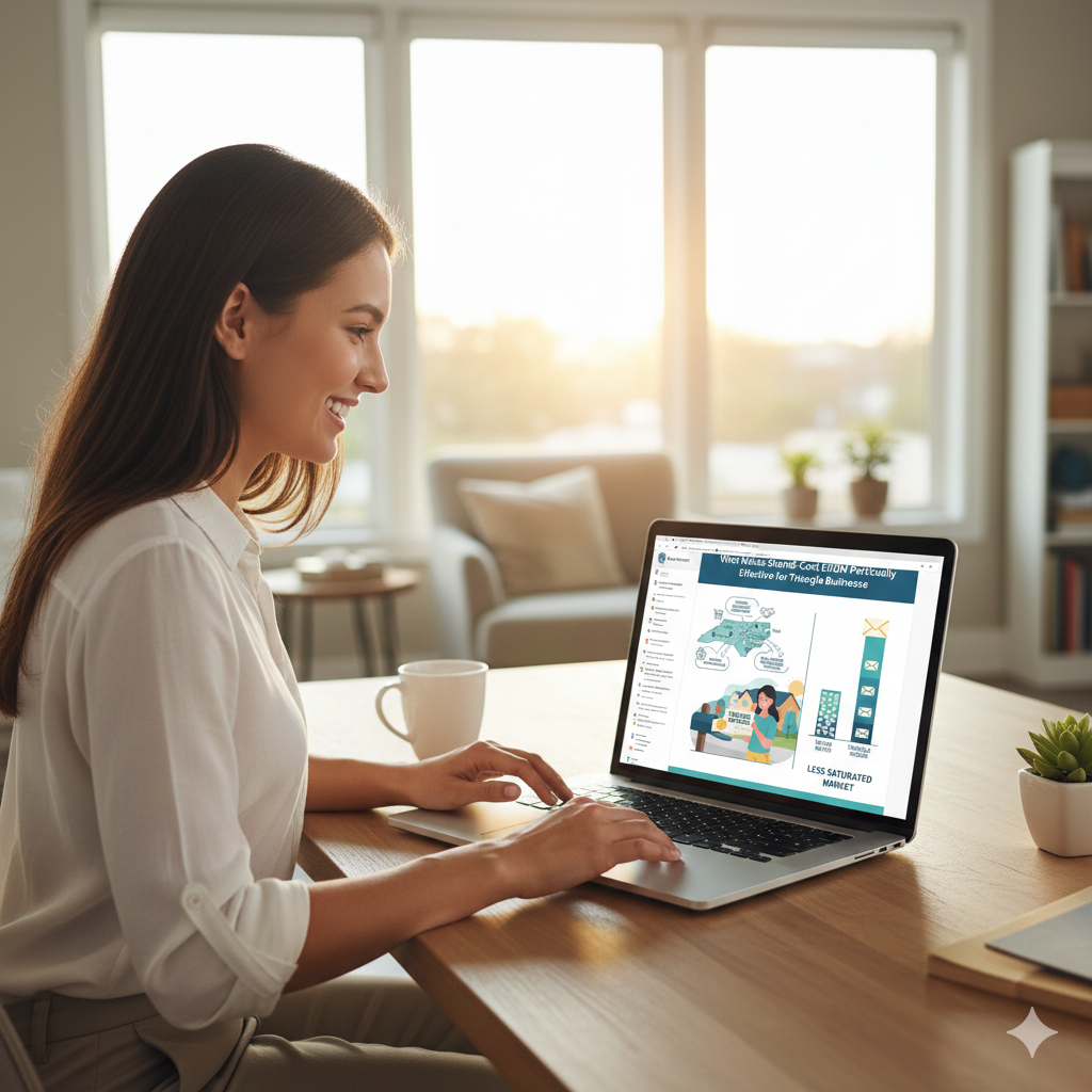 A woman sitting at a sunlit wooden desk using a laptop that displays a marketing infographic about direct mail effectiveness in the North Carolina Triangle and Triad regions.