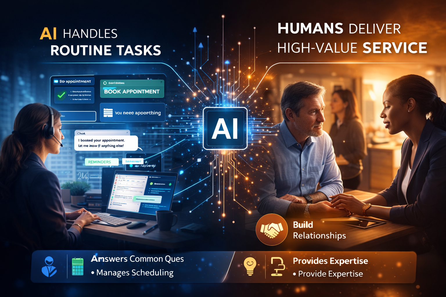 AI automation manages scheduling and support while humans deliver expert, relationship-driven service. AI automation manages scheduling and support while humans deliver expert, relationship-driven service.