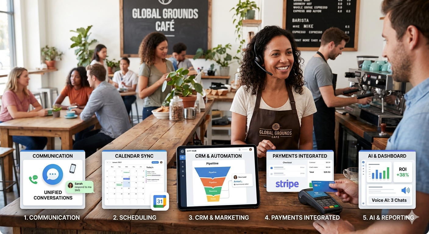 A realistic photograph of a busy, modern cafe interior where a digital overlay displays the six key integrations for local businesses. Icons and clean UI cards represent unified communication (SMS/Email), a synced Google Calendar, a CRM marketing funnel, a Stripe payment terminal being used for a transaction, and a reporting dashboard showing AI activity and ROI metrics. The image illustrates the seamless blend of physical customer service and backend digital automation.