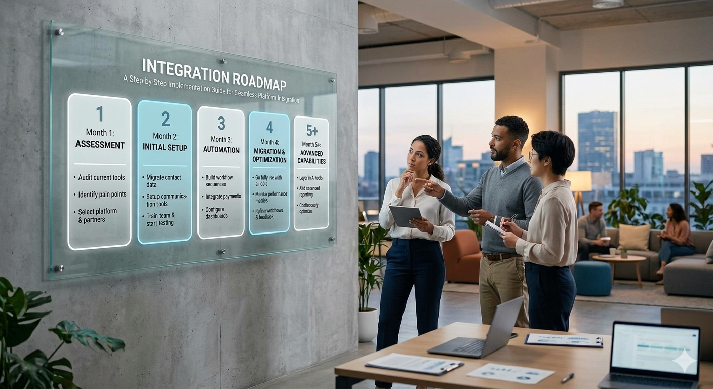 A modern office scene with a group of diverse professionals discussing a clear glass board displaying a 5-step integration roadmap. The board outlines phases for Assessment, Initial Setup, Automation, Migration & Optimization, and Advanced Capabilities, providing a practical guide for seamless platform integration with minimal wording.