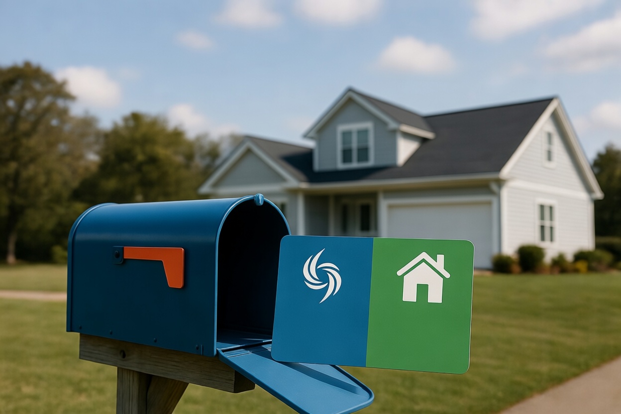 Blue mailbox in front of a suburban North Carolina home with a large 9x12 direct mail postcard featuring HVAC and real estate service icons emerging from it.