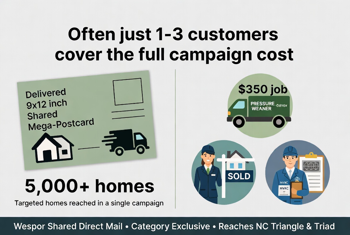 "ROI infographic: How 1–3 customers pay for a Wespor direct mail campaign – 9x12 shared Mega-Postcard reaching 5,000+ NC homes with examples of pressure washing, real estate, and HVAC jobs.