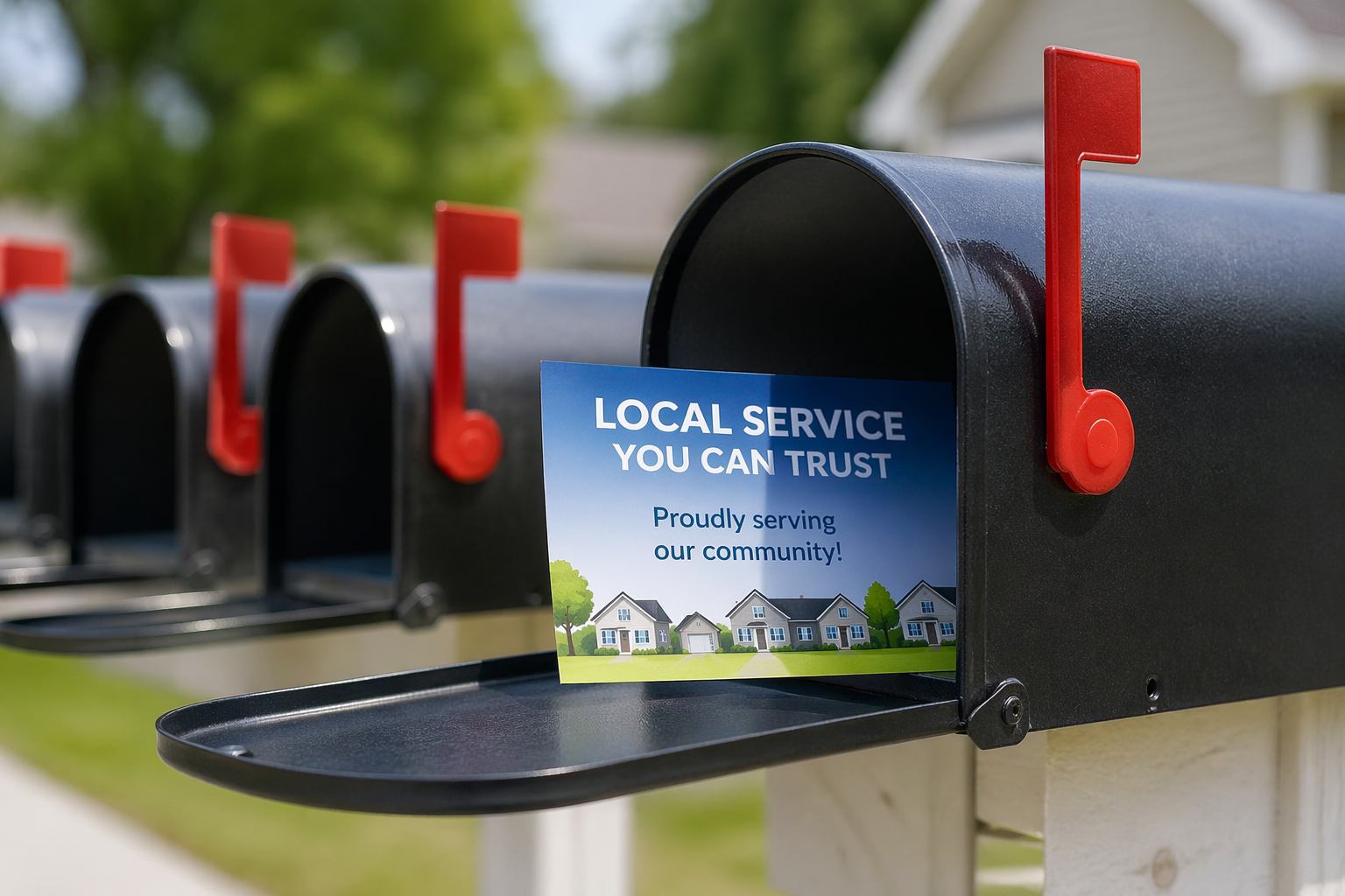 Direct mail flyer in suburban mailbox targeting local homes Direct mail flyer in suburban mailbox targeting local homes