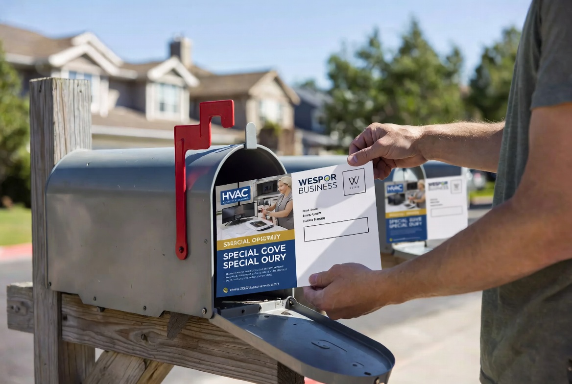 Homeowner pulling a large Wespor Business 9x12 direct mail postcard featuring an HVAC company out of their mailbox in a suburban neighborhood Homeowner pulling a large Wespor Business 9x12 direct mail postcard featuring an HVAC company out of their mailbox in a suburban neighborhood
