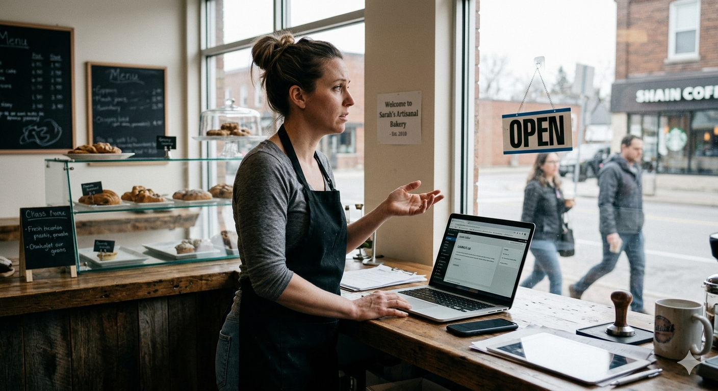 A concerned local bakery owner looks at her laptop on the counter of her empty shop, while potential customers walk past her window toward a busy competitor across the street, illustrating how inconsistent online marketing and poor visibility cause local businesses to lose customers. A concerned local bakery owner looks at her laptop on the counter of her empty shop, while potential customers walk past her window toward a busy competitor across the street, illustrating how inconsistent online marketing and poor visibility cause local businesses to lose customers.