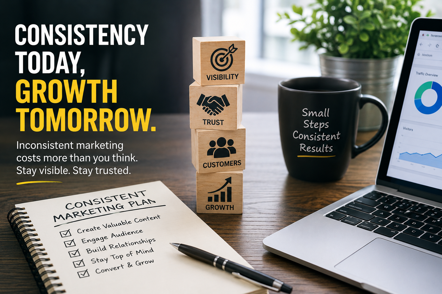 "Consistent marketing strategy for small businesses with analytics dashboard, marketing plan, and growth indicators."