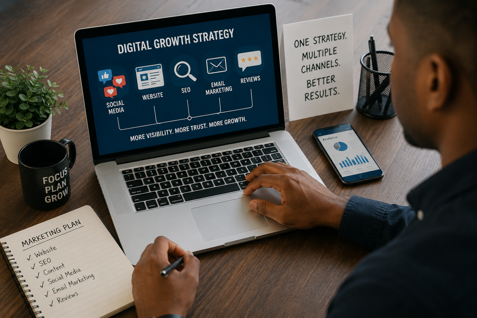 Business owner developing a multi-channel digital marketing strategy using social media, website, SEO, email marketing, and Google Business Profile to drive sustainable business growth and generate long-term leads. Business owner developing a multi-channel digital marketing strategy using social media, website, SEO, email marketing, and Google Business Profile to drive sustainable business growth and generate long-term leads.