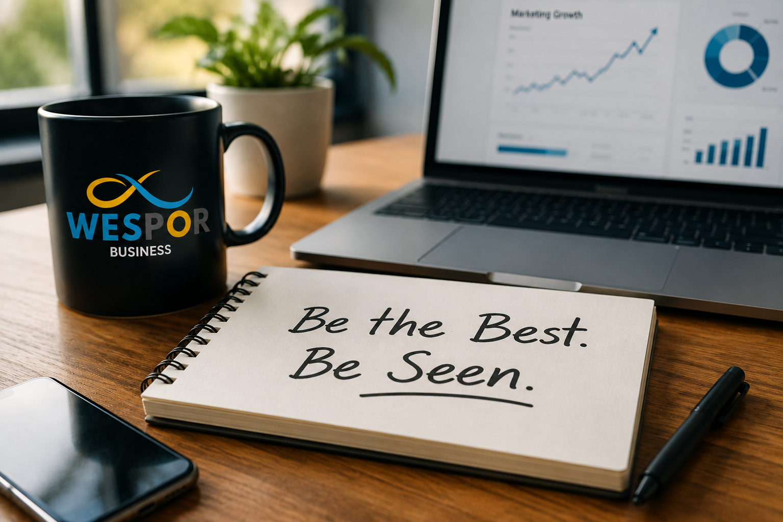 "Business owner planning a marketing strategy with a Wespor Business branded coffee mug, laptop displaying growth analytics, and notebook reading 'Be the Best. Be Seen.' illustrating how visibility drives customer growth."
