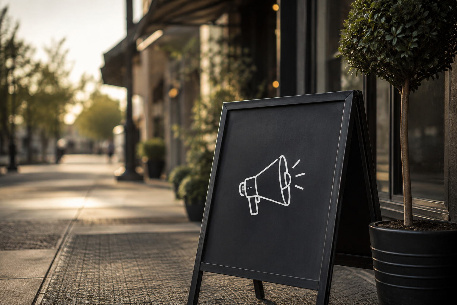 Photorealistic local business storefront with a sidewalk sign symbolizing proactive marketing and attracting new customers Photorealistic local business storefront with a sidewalk sign symbolizing proactive marketing and attracting new customers