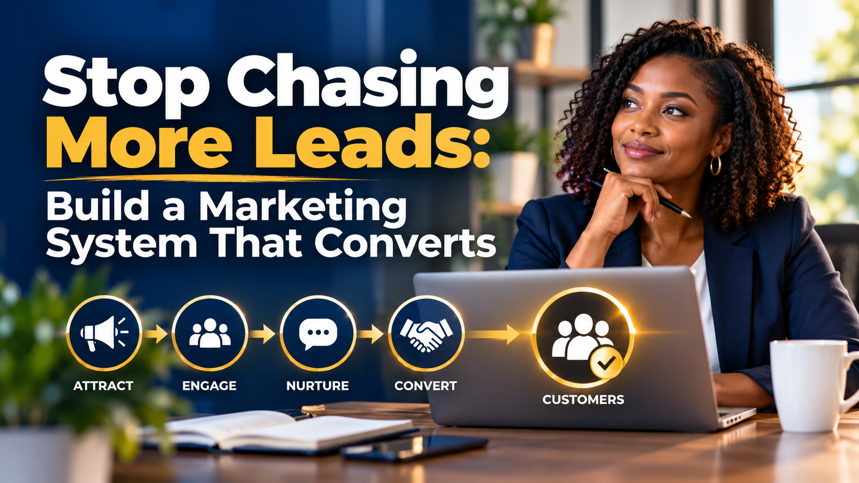 Stop Chasing More Leads: Build a Marketing System That Converts – Wespor Business blog cover featuring a business professional using a laptop alongside a gold lead-to-customer conversion funnel illustrating an effective marketing and sales system Stop Chasing More Leads: Build a Marketing System That Converts – Wespor Business blog cover featuring a business professional using a laptop alongside a gold lead-to-customer conversion funnel illustrating an effective marketing and sales system
