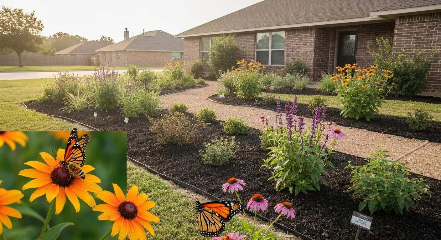 Pollinator garden with native flowers attracting butterflies