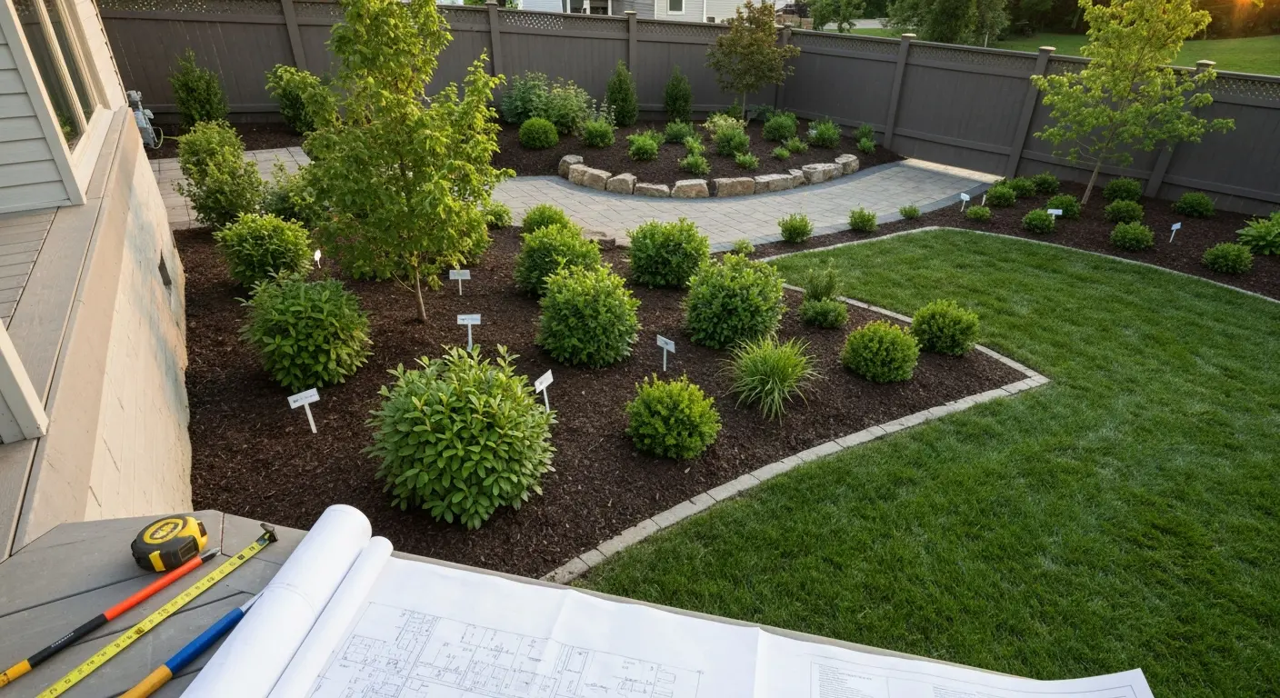 Full yard landscape design with pathways and planting zones