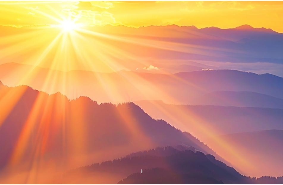 Sunrise over mountain ridges, warm golden light