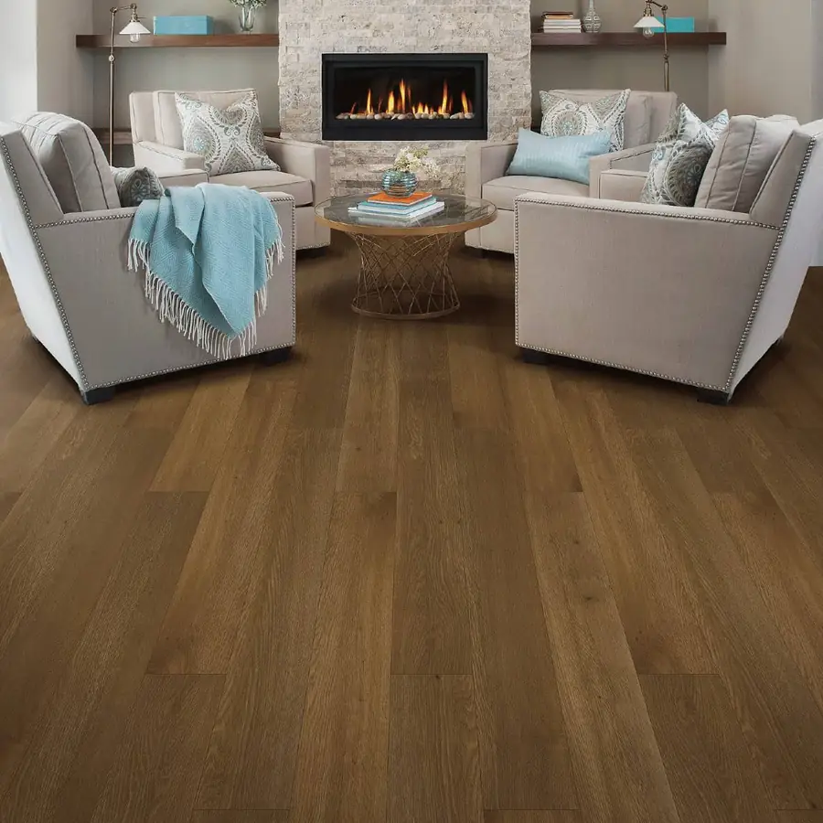 Finished room with warm wood-look flooring