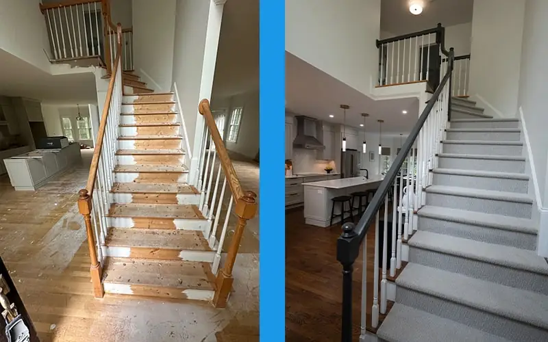 Before and after flooring and stair transformation by Raleigh Flooring