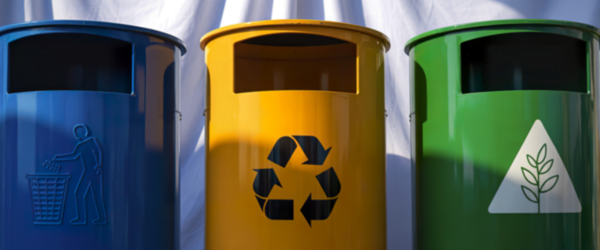 Recyclable items falling into three waste sorting bins. Recyclable items falling into three waste sorting bins.