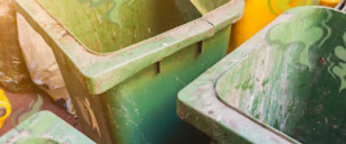 Close-up of three dirty, weathered green garbage bins with a yellow background, hinting at bright sunlight.