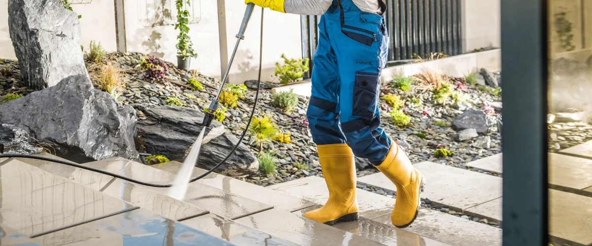 A person in blue work pants and yellow boots power washing outdoor patio stairs with a high-pressure cleaner.