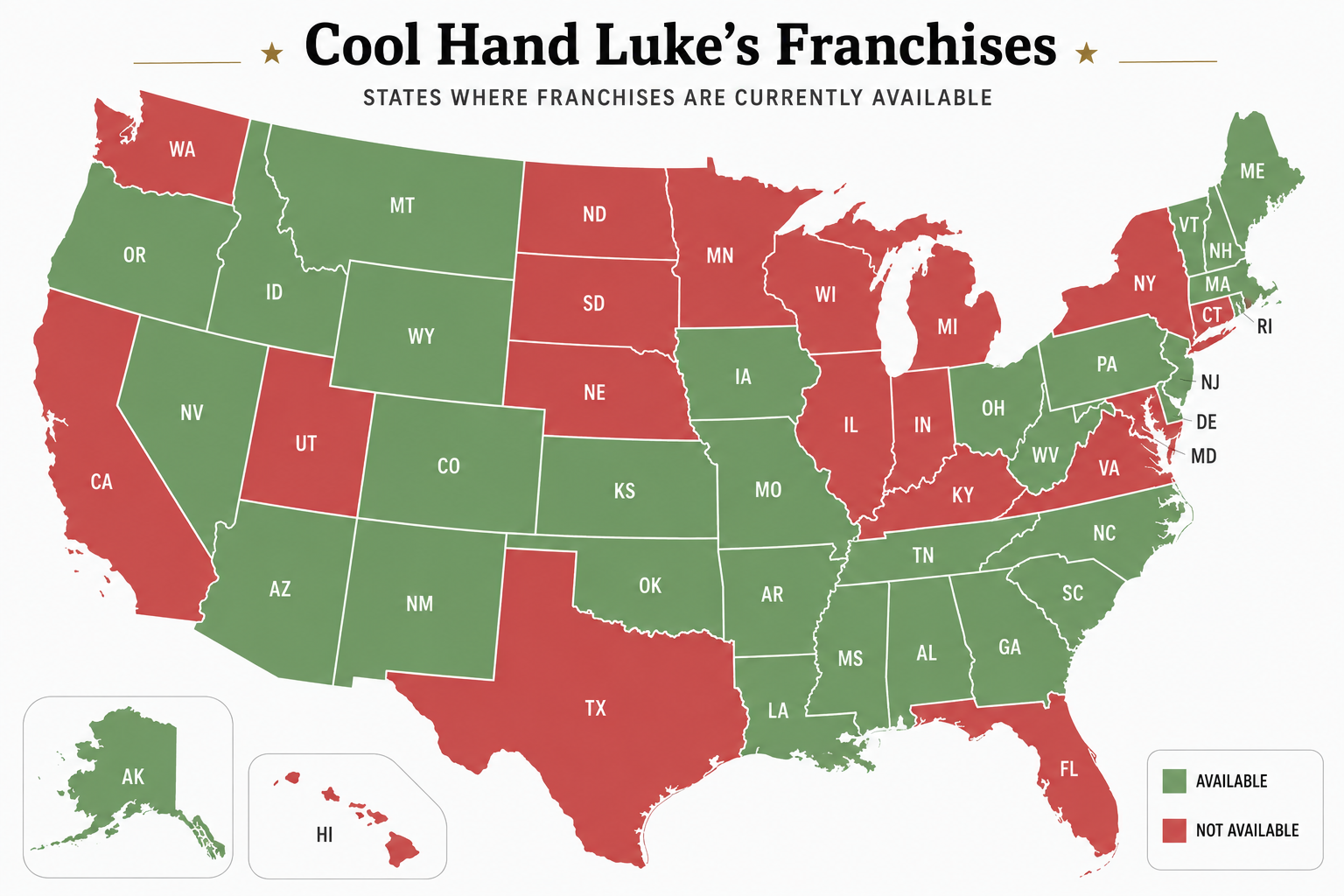 Map of states where Cool Hand Luke's franchises are currently available